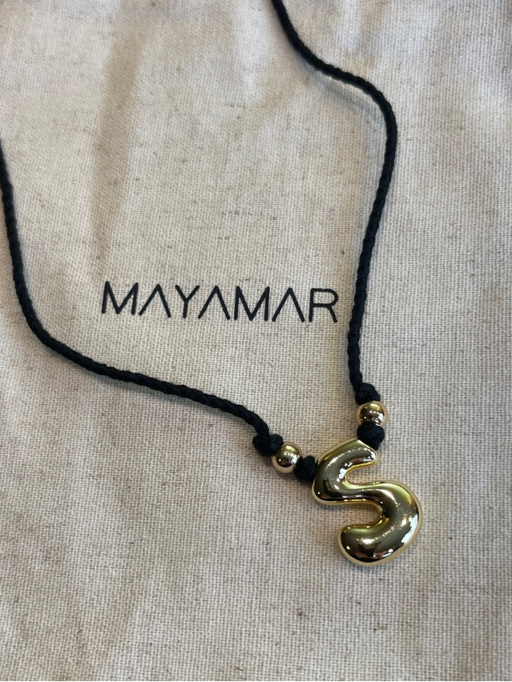 Gold 'S' Pendant Necklace on Black Cord - adjustable necklace